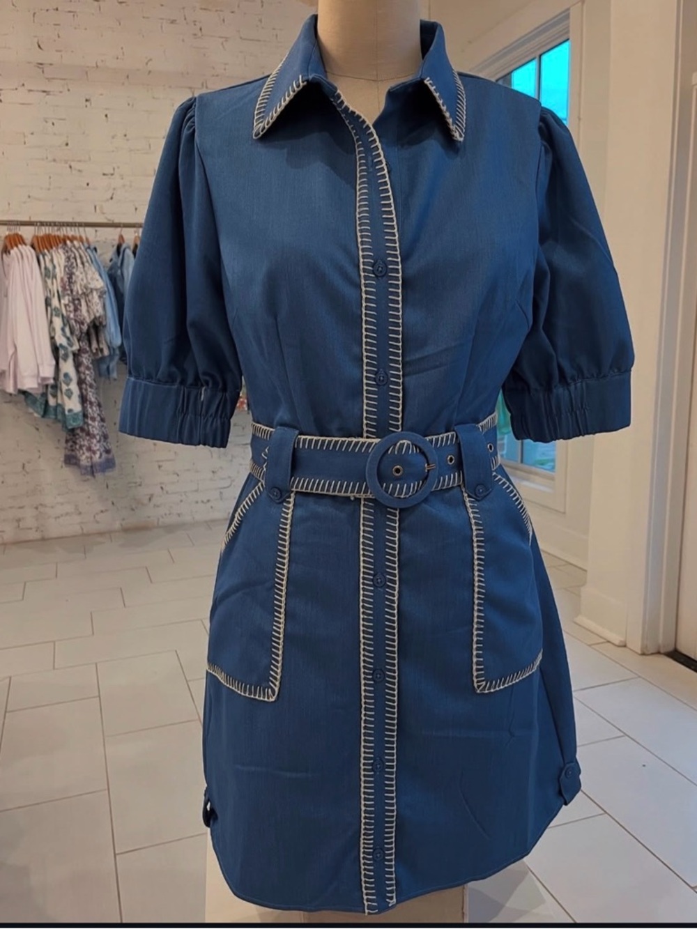 Blue Short Sleeve Belted Mini Dress